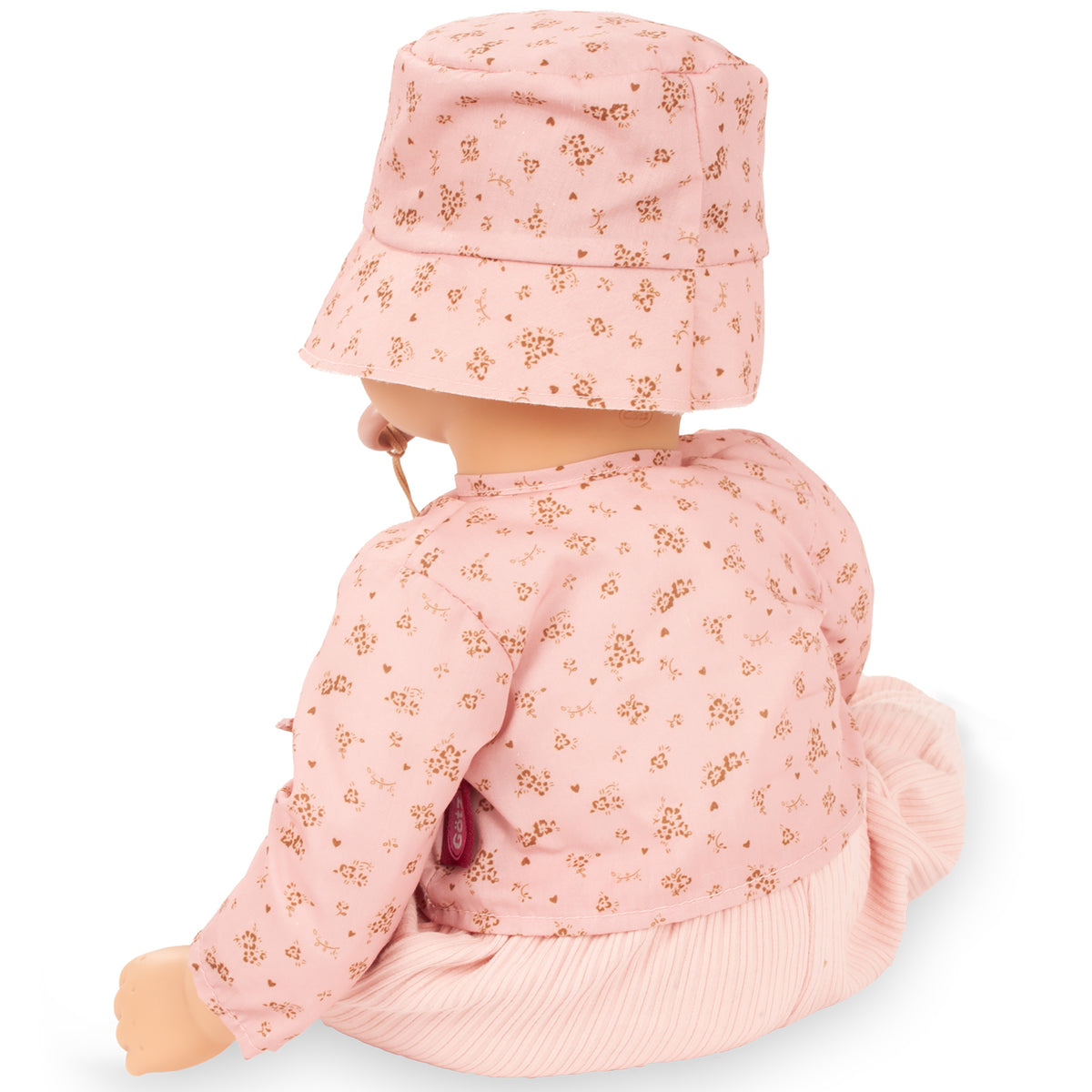 Gotz Cookie Flowers Millefleur 19 inch baby doll in pink floral outfit with matching bucket hat