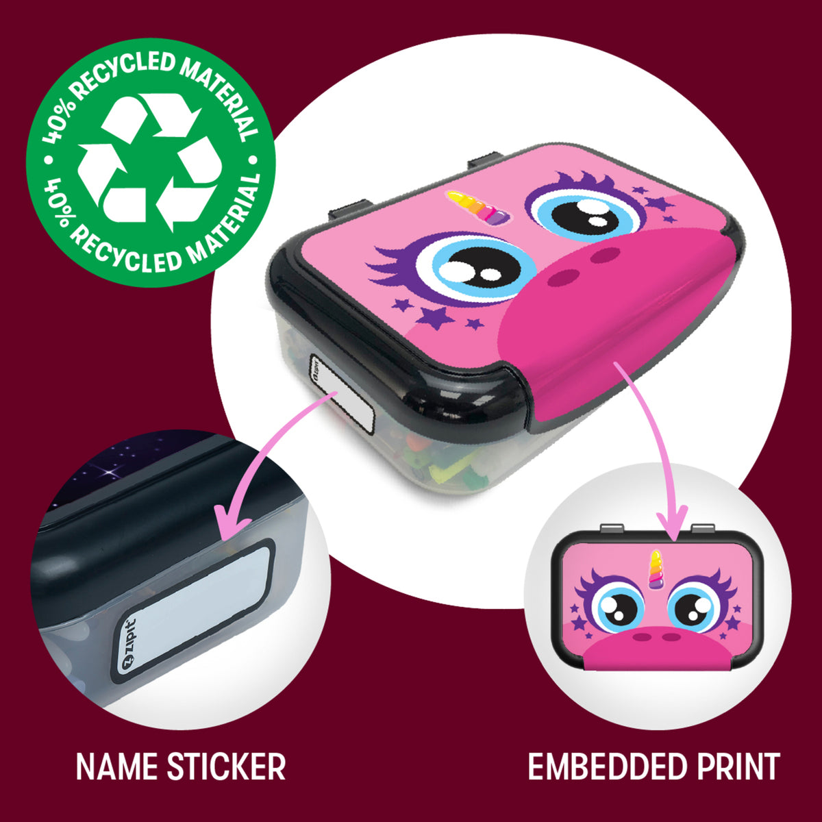 Bundle of 2 recycled plastic pencil boxes: pink Kitty and Pink Unicorn designs with big eyes and stars