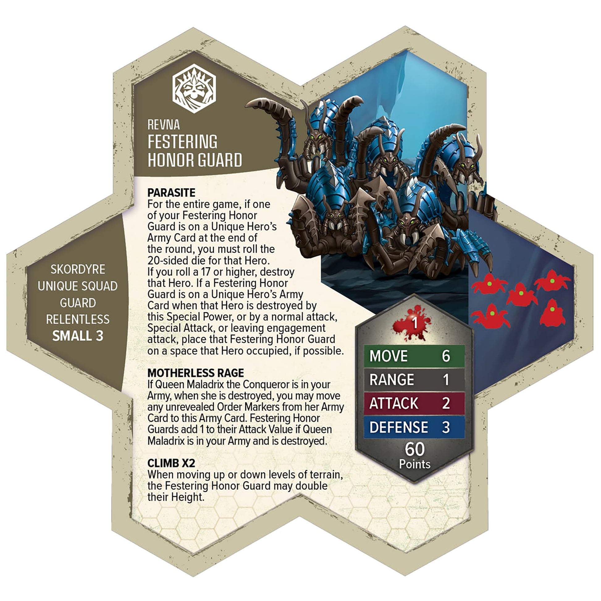Heroscape Rising Tide Festering Honor Guard army expansion with 6 blue and brown demon miniatures and stat cards show...