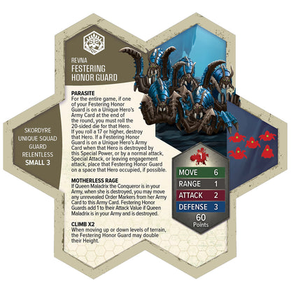 Heroscape Rising Tide Festering Honor Guard army expansion with 6 blue and brown demon miniatures and stat cards show...