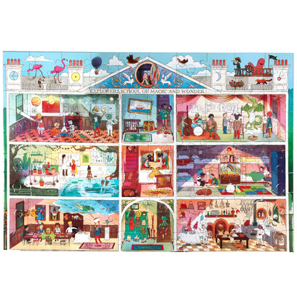 100 Piece Puzzle: Explorers School of Magic colorful dollhouse with multiple rooms and characters