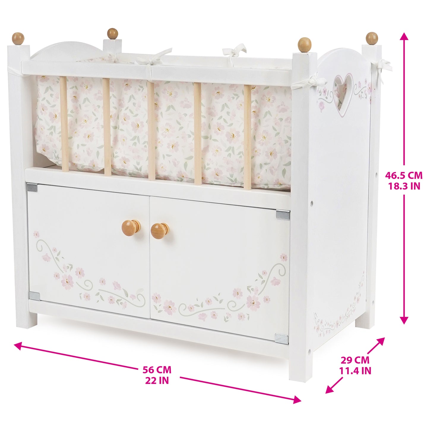 Little Flora 2-In-1 Wooden Doll Cabinet Bed with floral design and storage