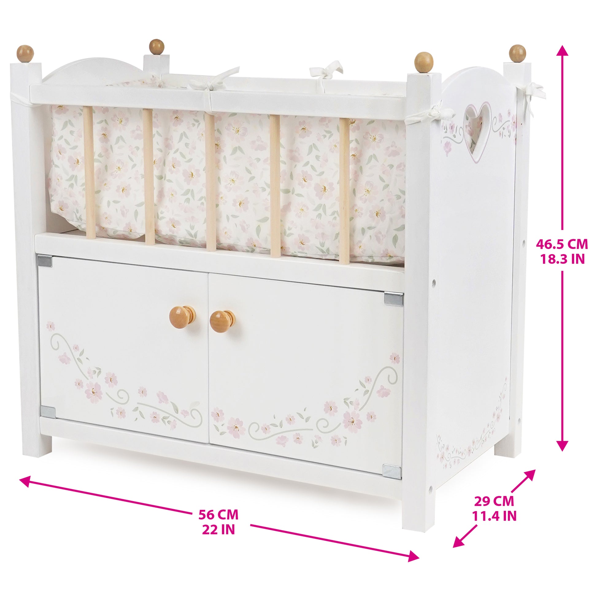 Little Flora 2-In-1 Wooden Doll Cabinet Bed with floral design and storage