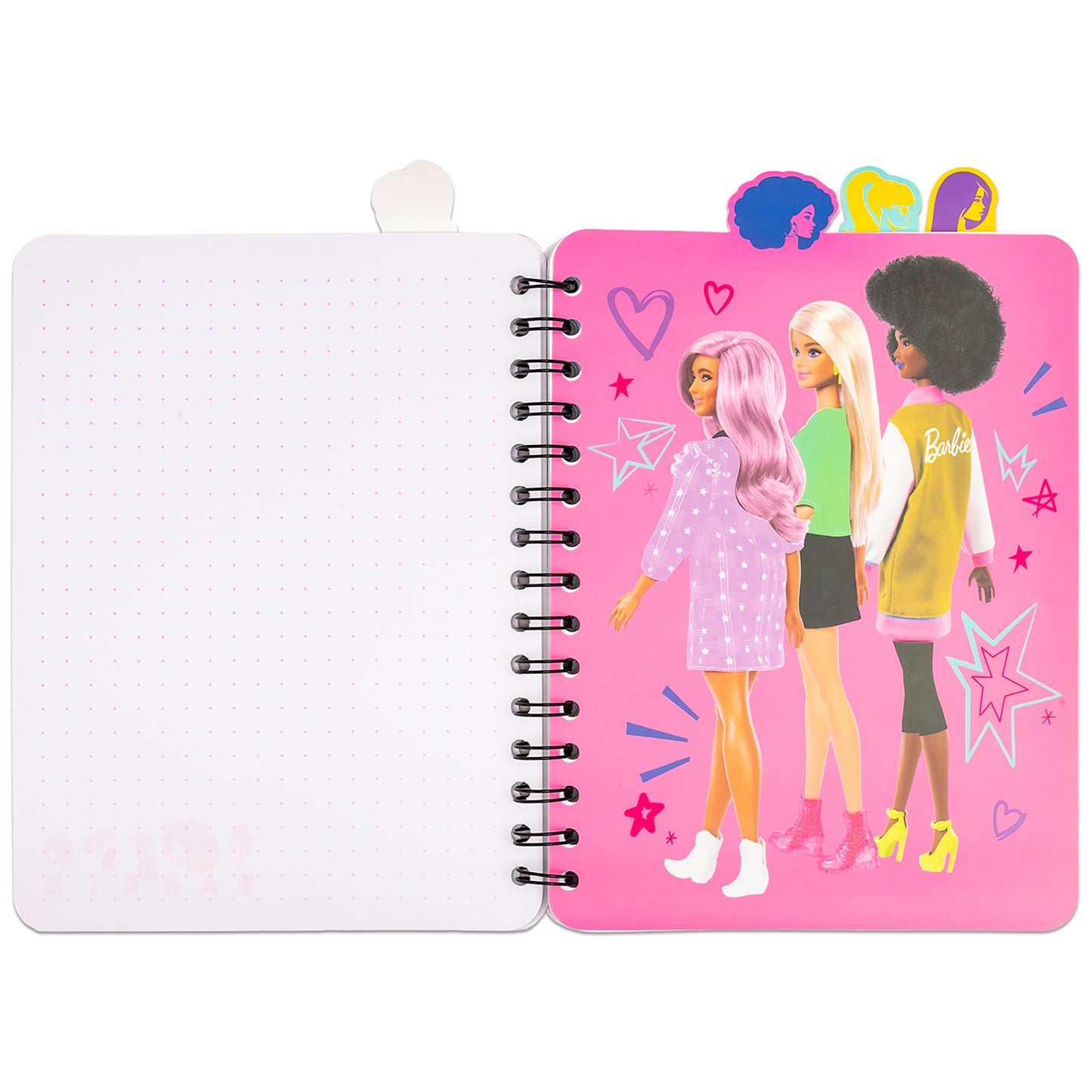 Barbie 4 Tab Journal with spiral binding, pink cover featuring three Barbie dolls and decorative stars and hearts