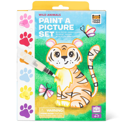 Tiger Tribe Wild Animals Paint a Picture Set with tiger illustration and colorful paw print palette