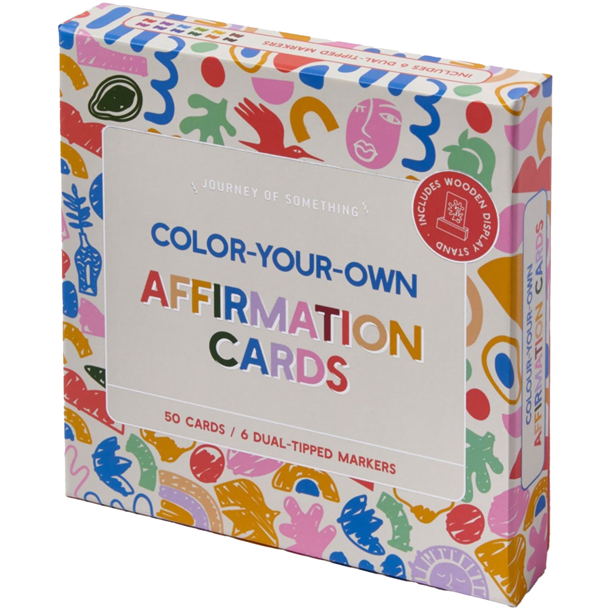JOS Color Your Own Affirmation Cards box with colorful abstract design and 50 cards plus markers