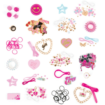 Juicy Couture Countdown Calendar with 204 pieces including jewelry, hair accessories, and patches in pink and gold