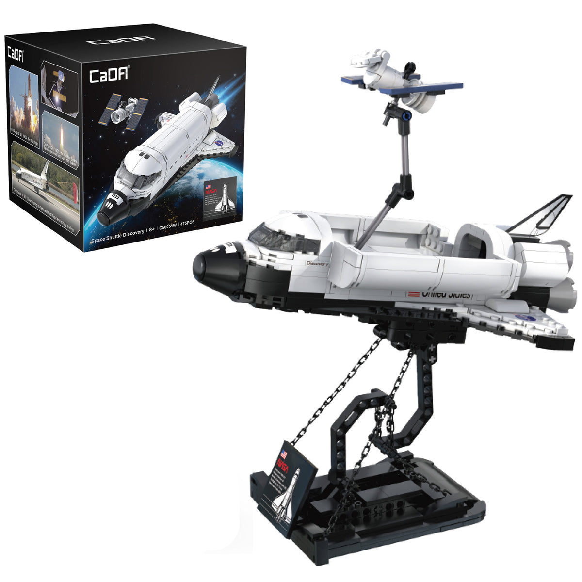 CaDA Space Shuttle Discovery building set with white and blue shuttle, satellite, and display stand