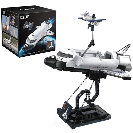 CaDA Space Shuttle Discovery building set with white and blue shuttle, satellite, and display stand