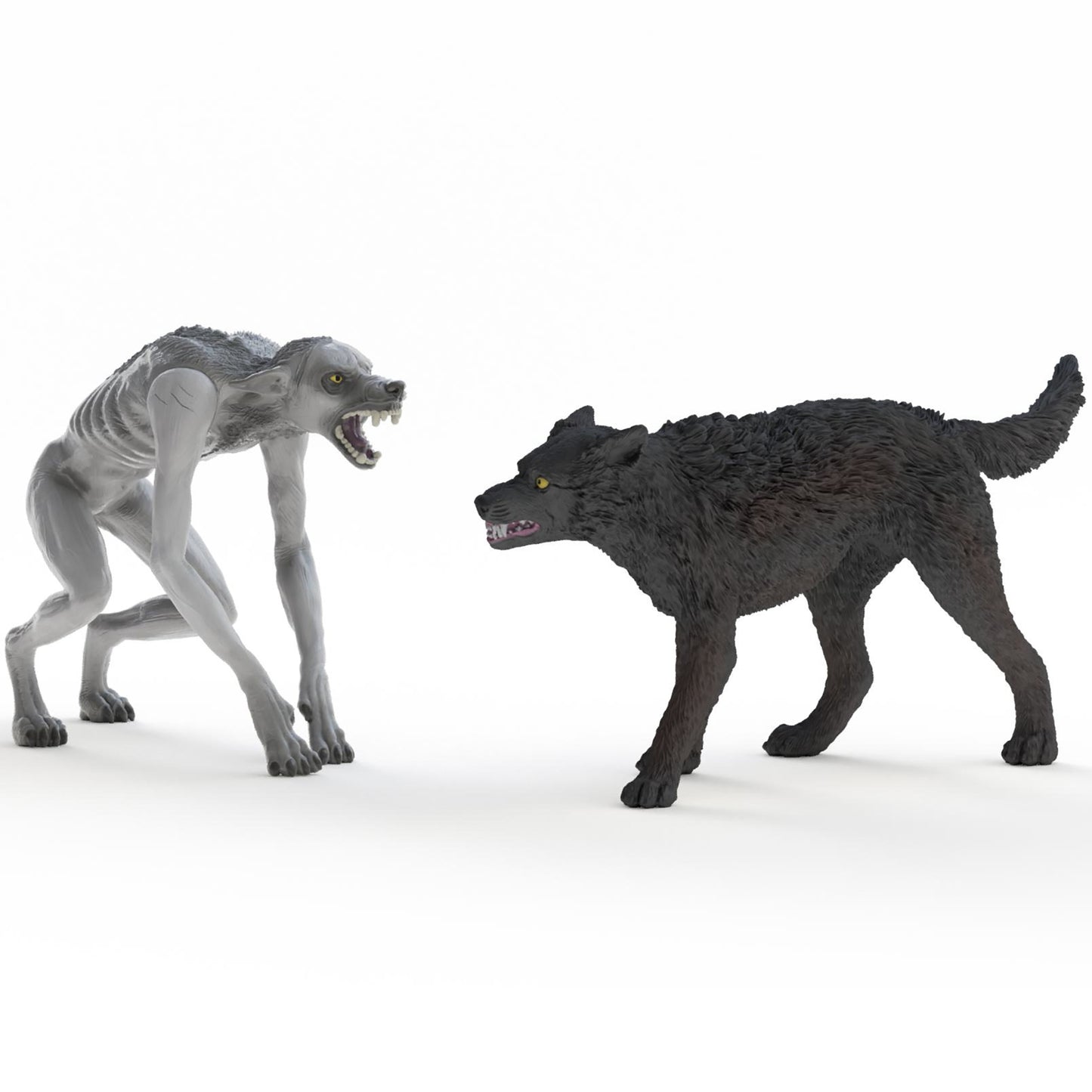 Wizarding World Werewolf vs Animagus figures: gray werewolf and black wolf creature toys