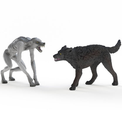 Wizarding World Werewolf vs Animagus figures: gray werewolf and black wolf creature toys