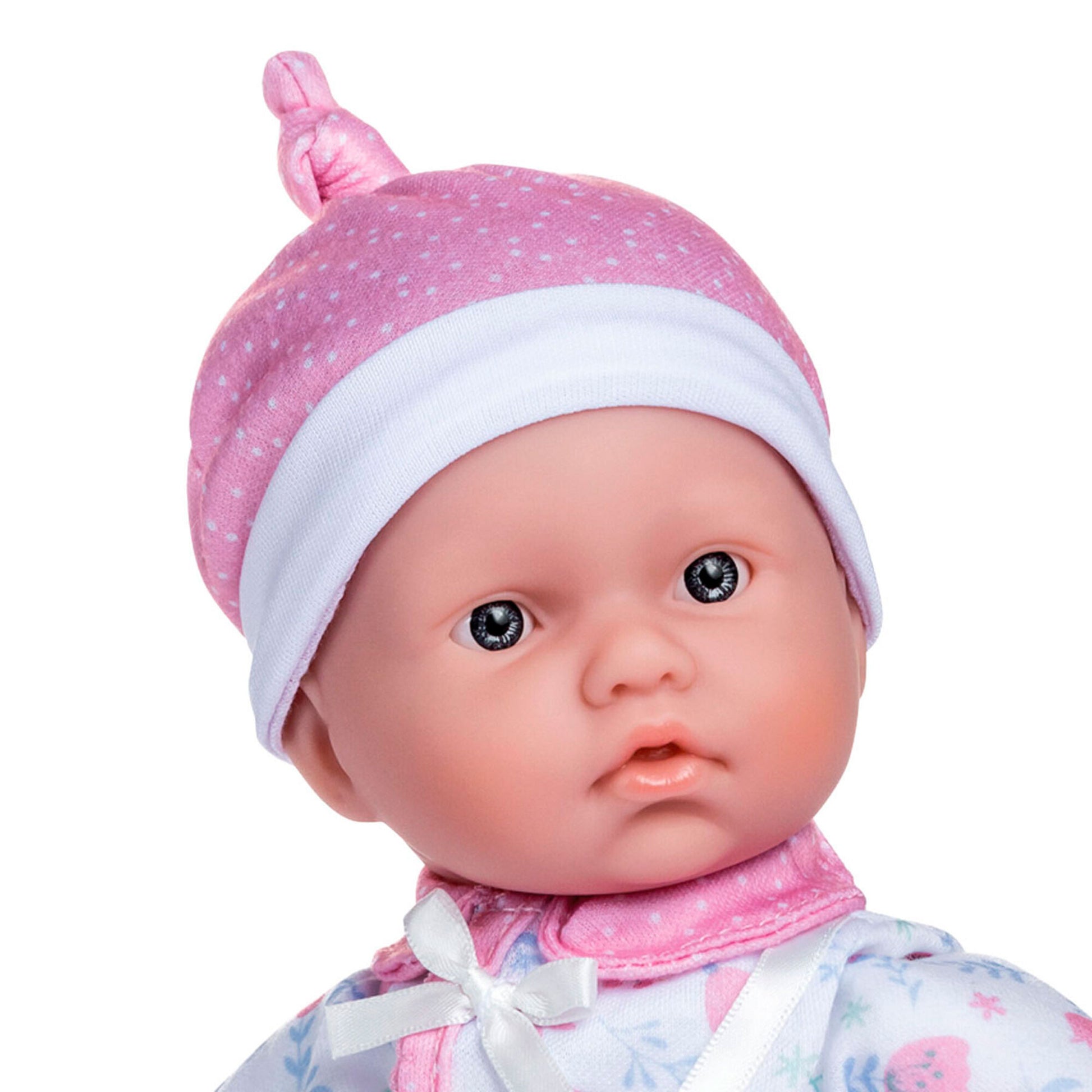 JC Toys La Baby doll wearing pink and white hat with blanket and pacifier