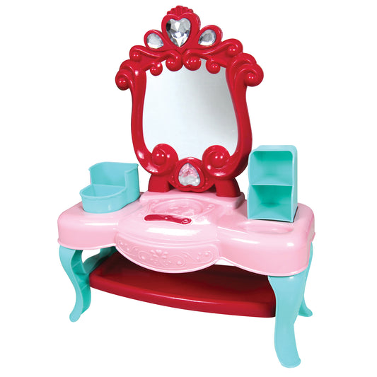 Pink and turquoise vanity table with red ornate mirror, jeweled crown top, storage compartments, and accessories for 8-inch doll
