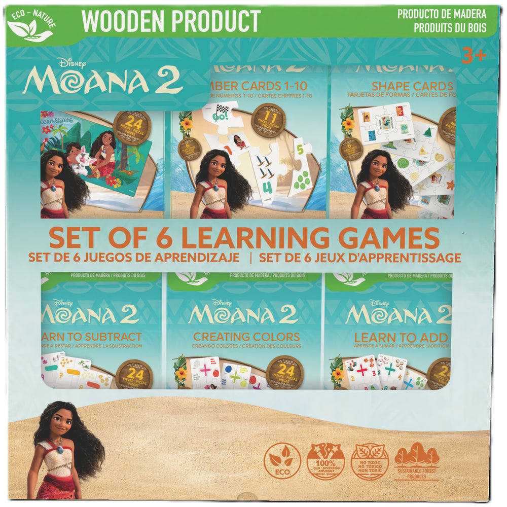 Disney Moana 2 Set of 6 Wooden Learning Games with number, shape, addition and subtraction cards