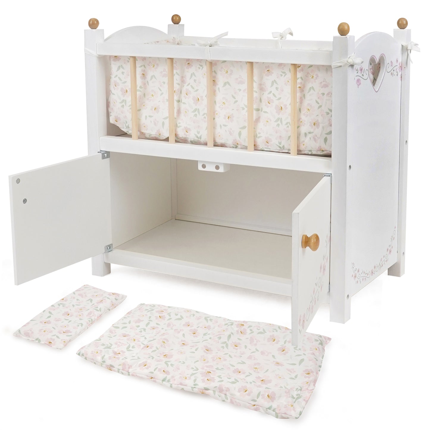 509 Crew Little Flora 2-in-1 wooden doll cabinet bed with white finish and floral bedding
