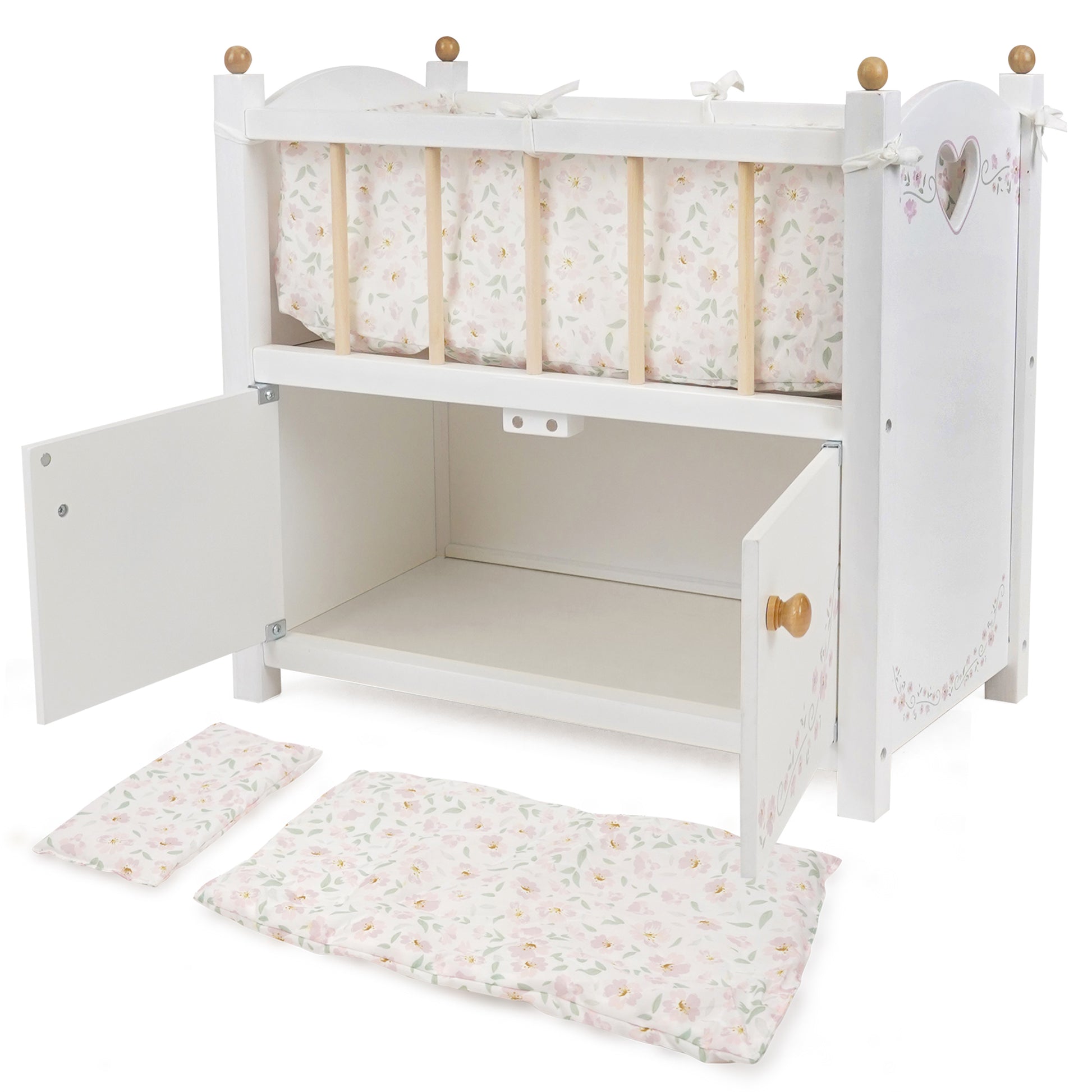 509 Crew Little Flora 2-in-1 wooden doll cabinet bed with white finish and floral bedding