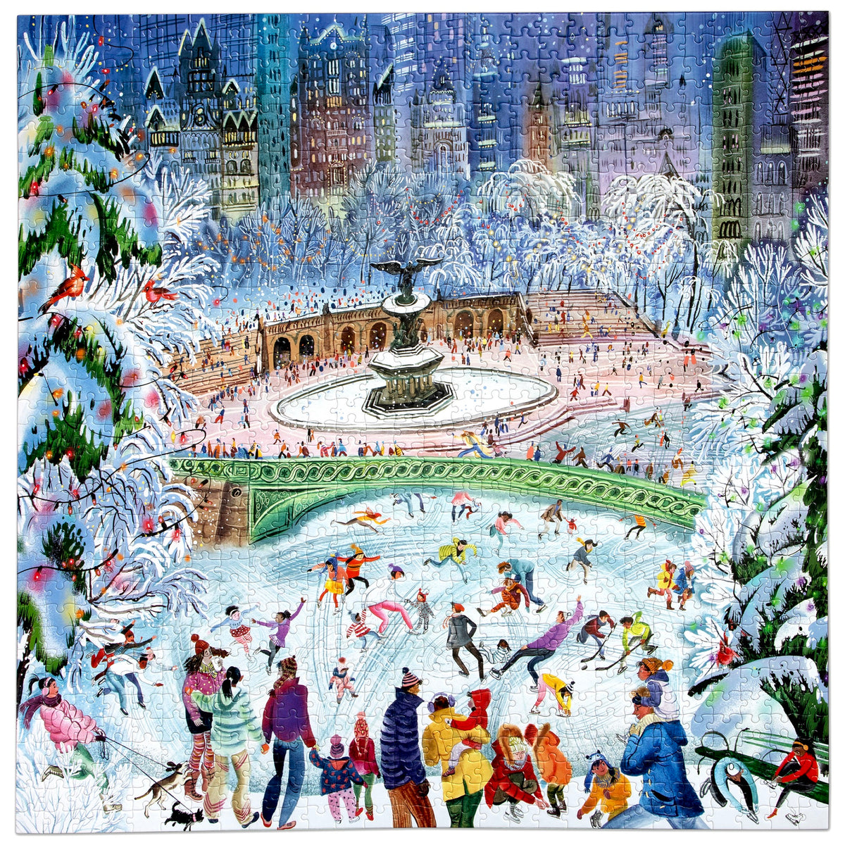 eeBoo NYC Skaters 1000-piece puzzle featuring snowy Central Park scene with ice skaters and winter cityscape