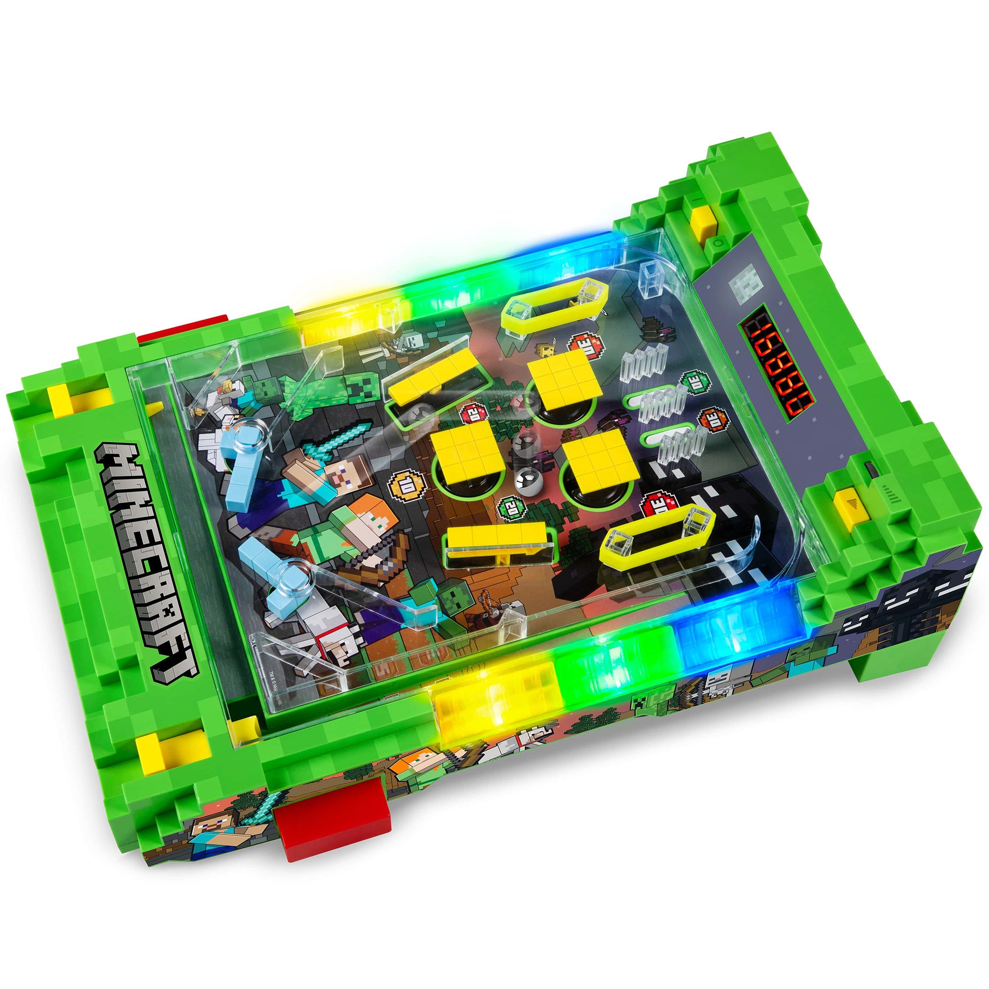 Minecraft Arcade Pinball Overworld green toy with yellow vehicles and pixel characters
