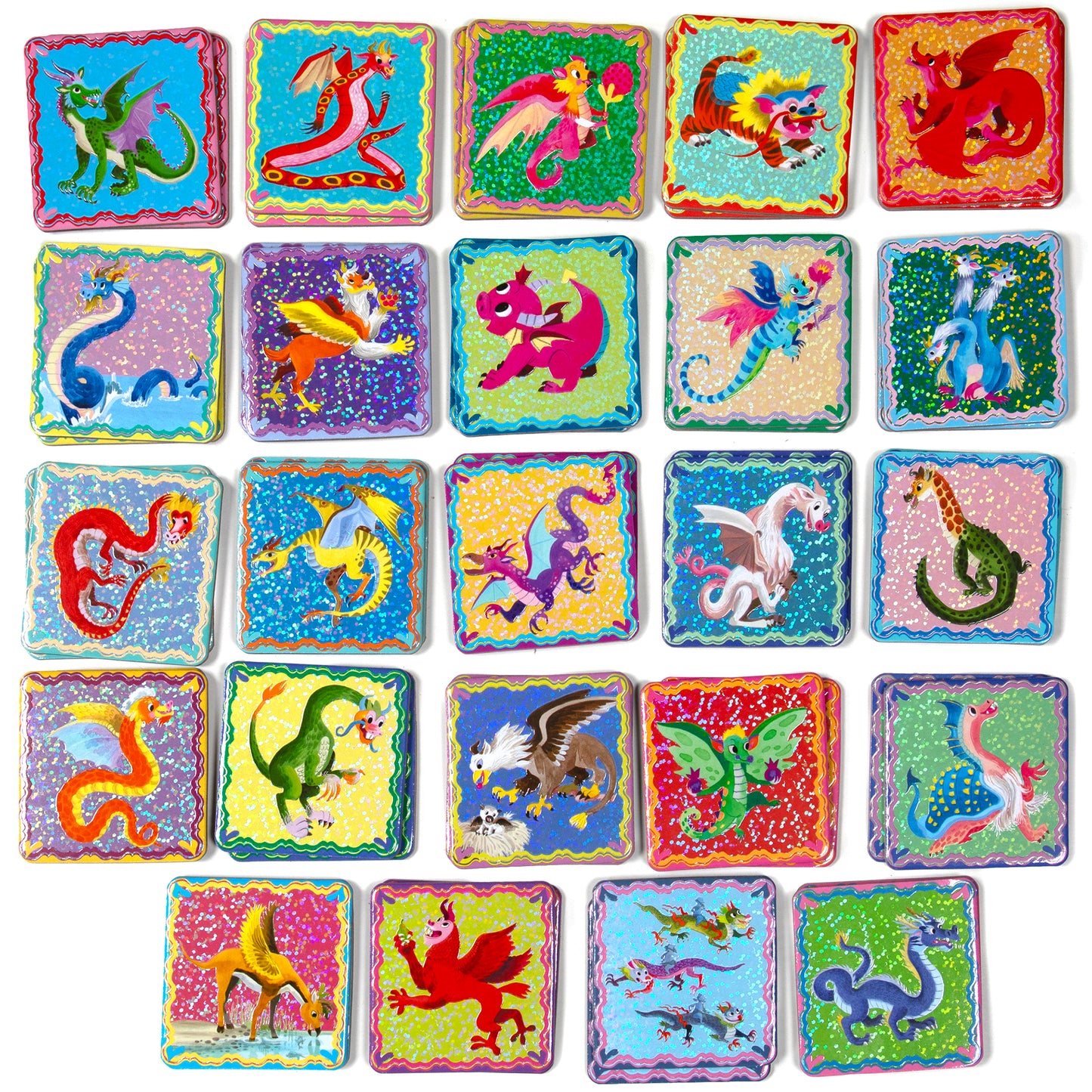 Shiny Dragons Memory & Matching Game with colorful dragon tiles in vibrant rainbow colors