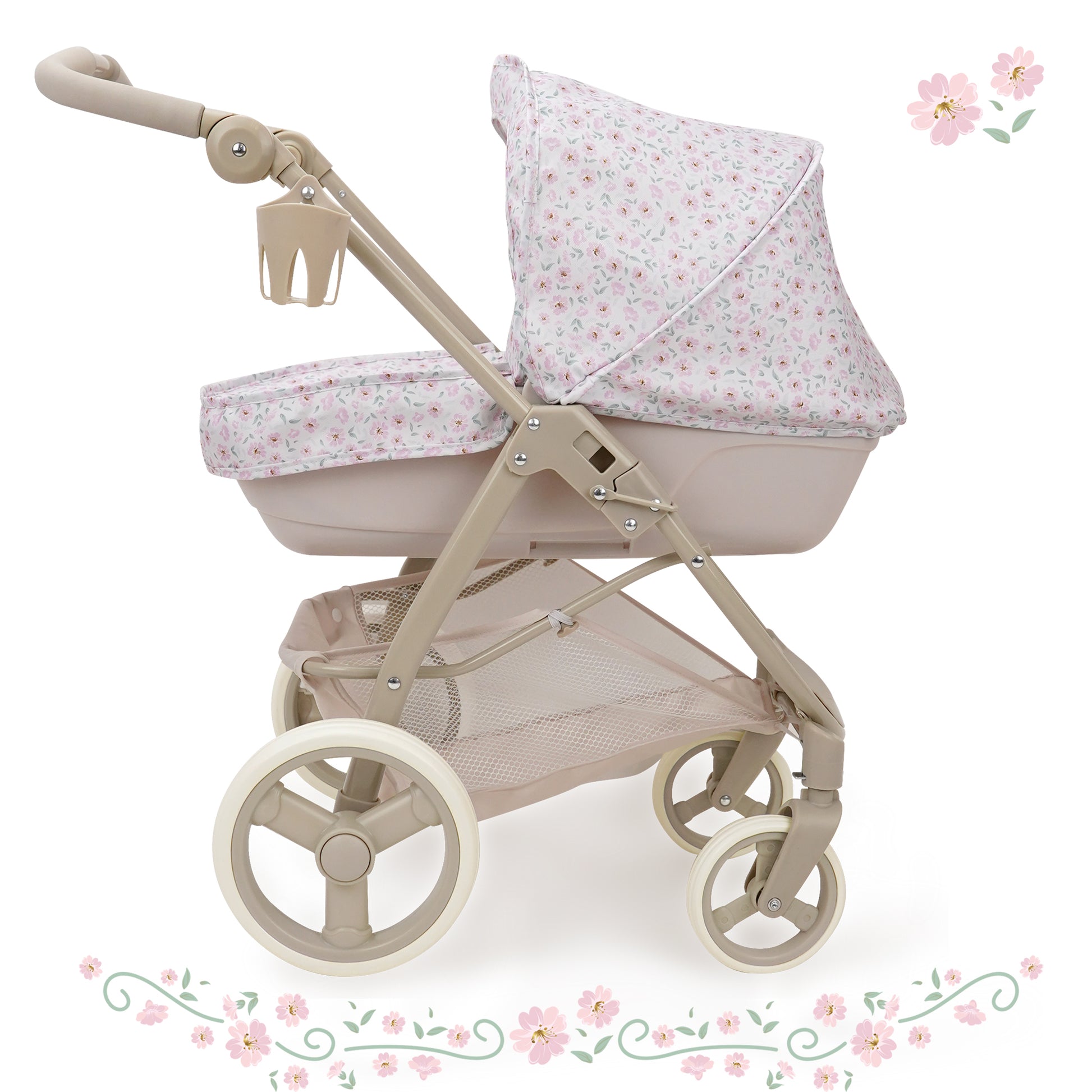 509 Crew Little Flora Bella 2-in-1 convertible doll pram stroller in beige with pink floral bedding
