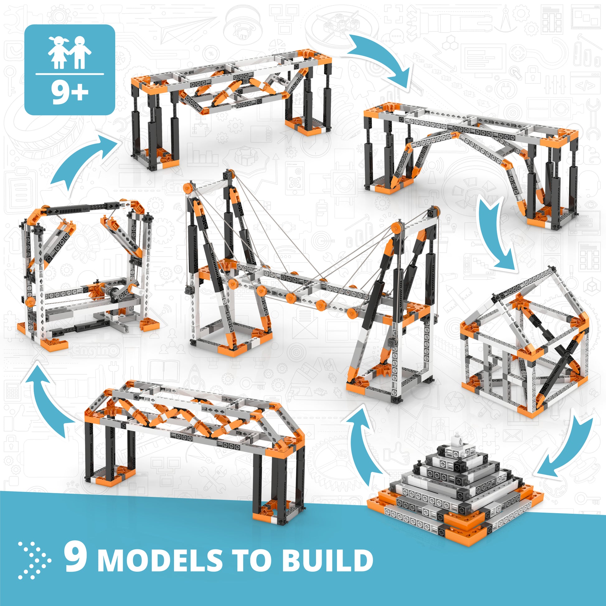 Engino Structures building set with 9 models including bridges and buildings in orange and black