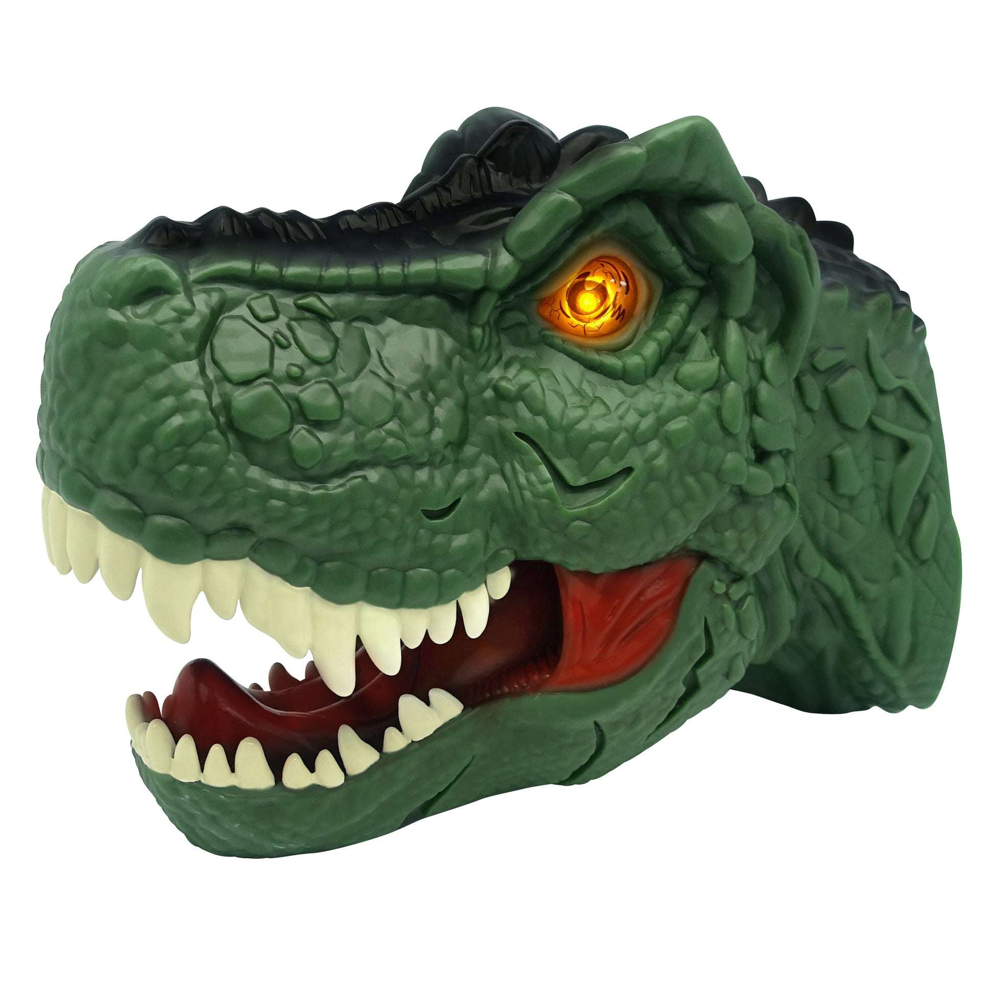 Megahunter T-Rex Hand Puppet in green with glowing eyes and detailed teeth