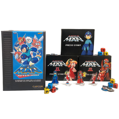 Mega Man Adventures board game set with NES cartridge, game boxes, character figurines, dice, and cards for 1-4 players