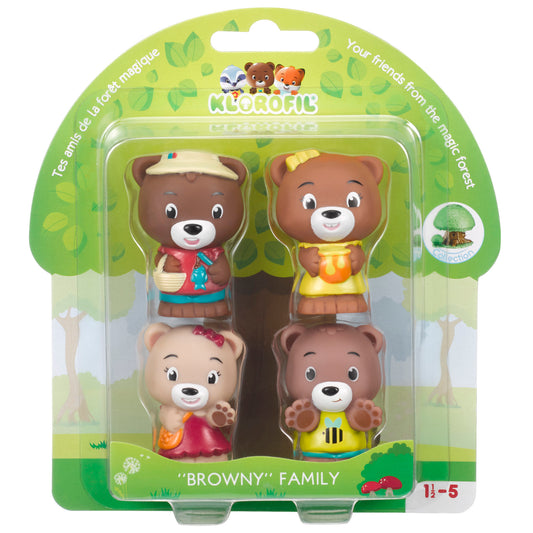Browny Family four-pack figures featuring brown and tan bear characters with different colored outfits in clear plastic packaging with green forest-themed backg