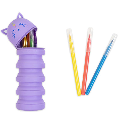 Purple unicorn retractable pencil case with colorful markers and pens