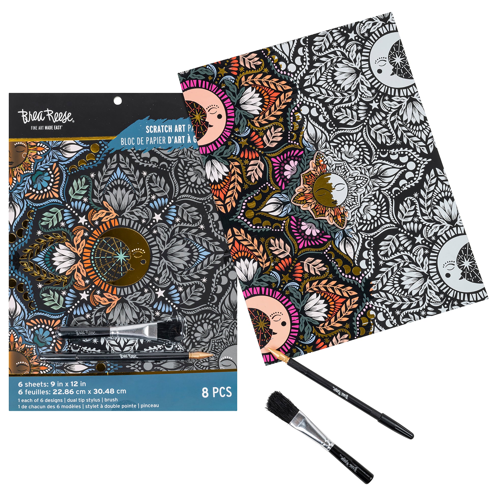 Scratch Art Paper Pad Moon & Sun with 6 sheets, dual tip stylus brush, and colorful celestial designs