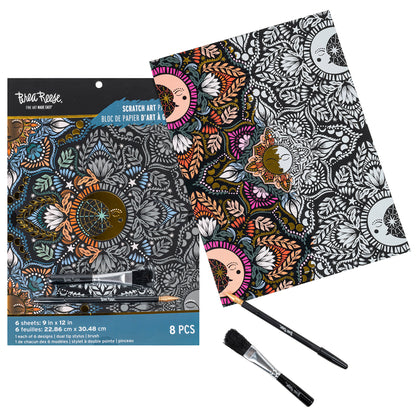 Scratch Art Paper Pad Moon & Sun with 6 sheets, dual tip stylus brush, and colorful celestial designs