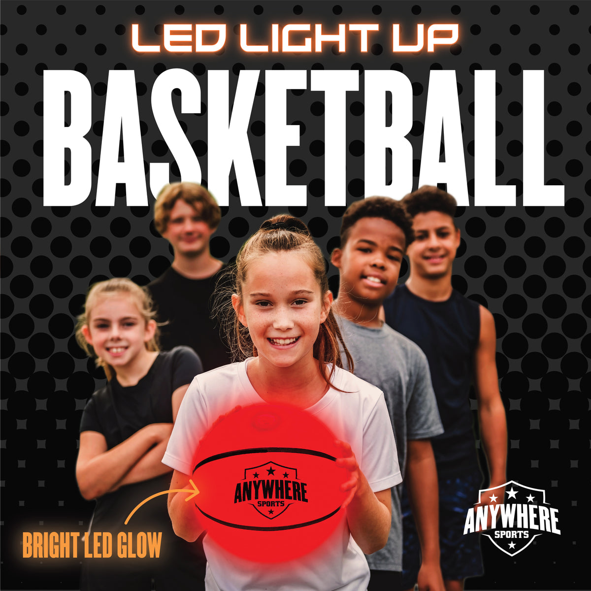 LED Light-Up Basketball by Anywhere Sports with bright red glow, shown with group of children