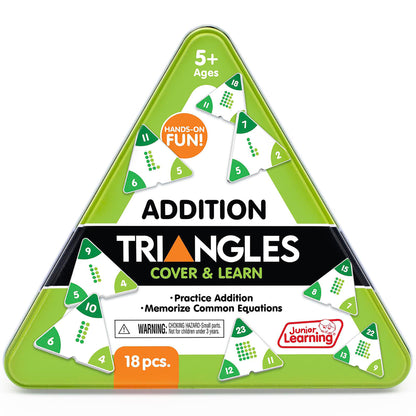 Addition Triangles Cover & Learn educational math game with green triangular pieces for ages 5+