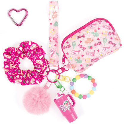 Glimmer & Glow All My Faves Wristlet 7-piece pink accessory set with scrunchie, bracelet, pouch, and clips