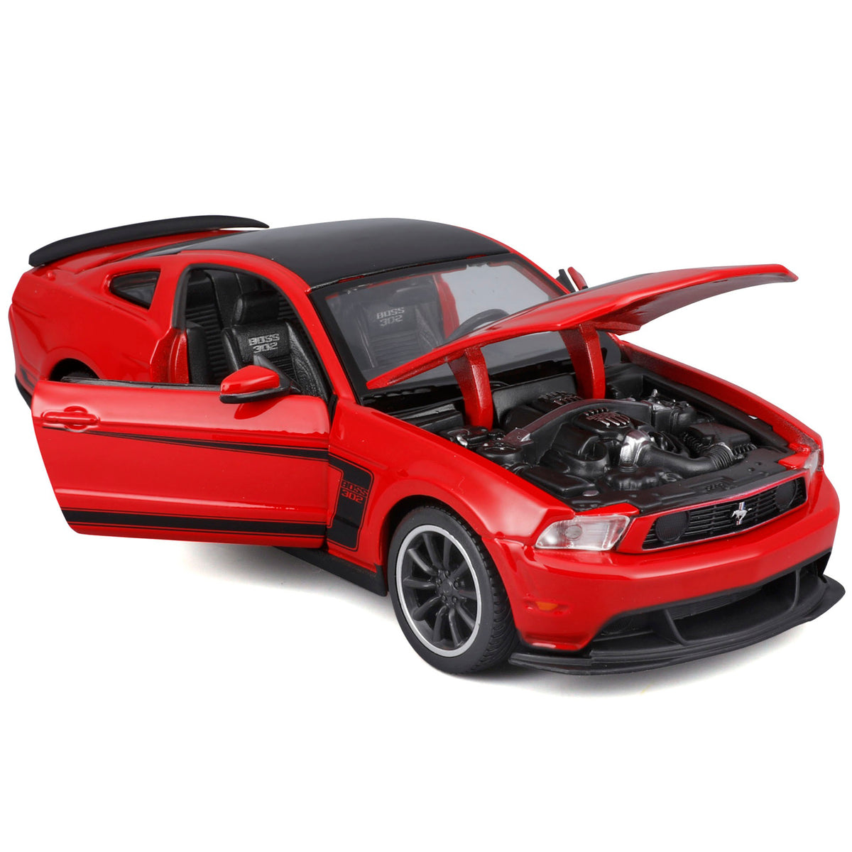 Red Maisto 1:24 Ford Mustang Boss 302 diecast model kit with open hood, doors, and engine visible
