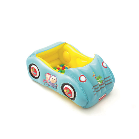 Light blue inflatable race car ball pit with yellow interior, red and white wheels, and colorful balls inside