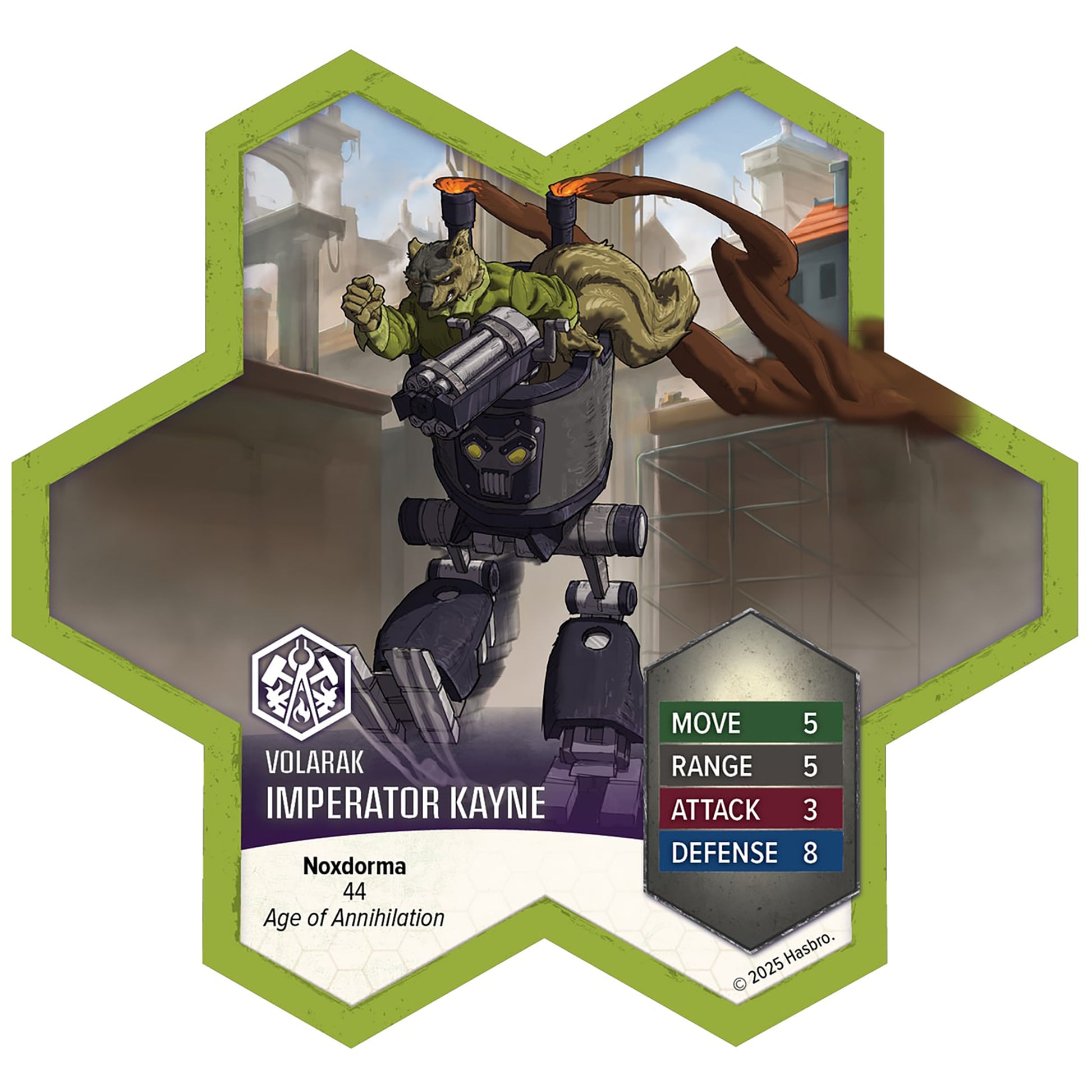 Heroscape Imperator Kayne miniature figure with army card showing stats: Move 5, Range 5, Attack 3, Defense 8