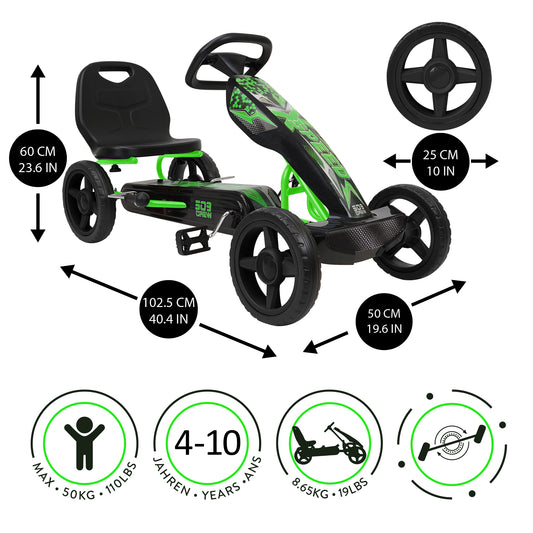 Green and black pedal go-kart with size chart showing dimensions, steering wheel, seat height, and specifications for ages 4-10 and 50kg max weight