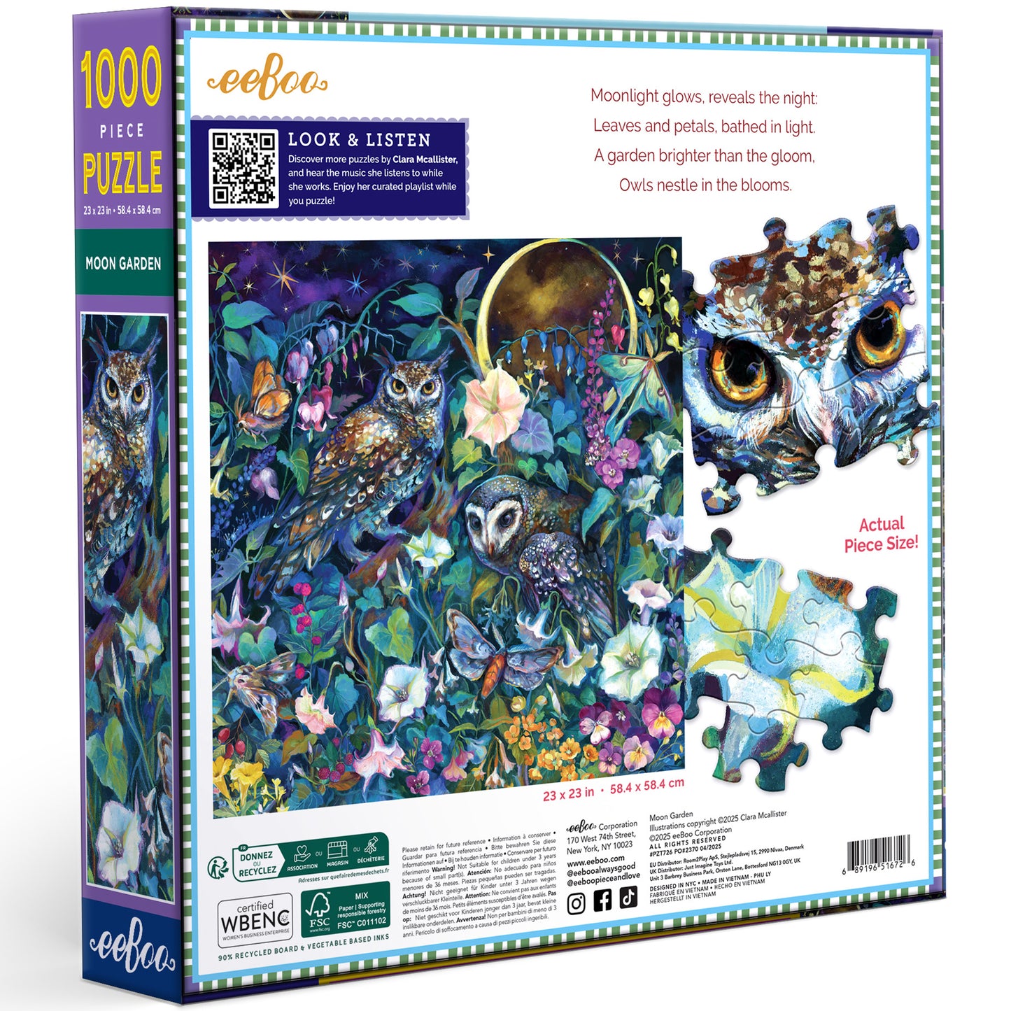 eeBoo Moon Garden 1000-piece puzzle featuring owls and nighttime flowers in purple and teal