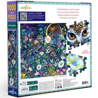 eeBoo Moon Garden 1000-piece puzzle featuring owls and nighttime flowers in purple and teal