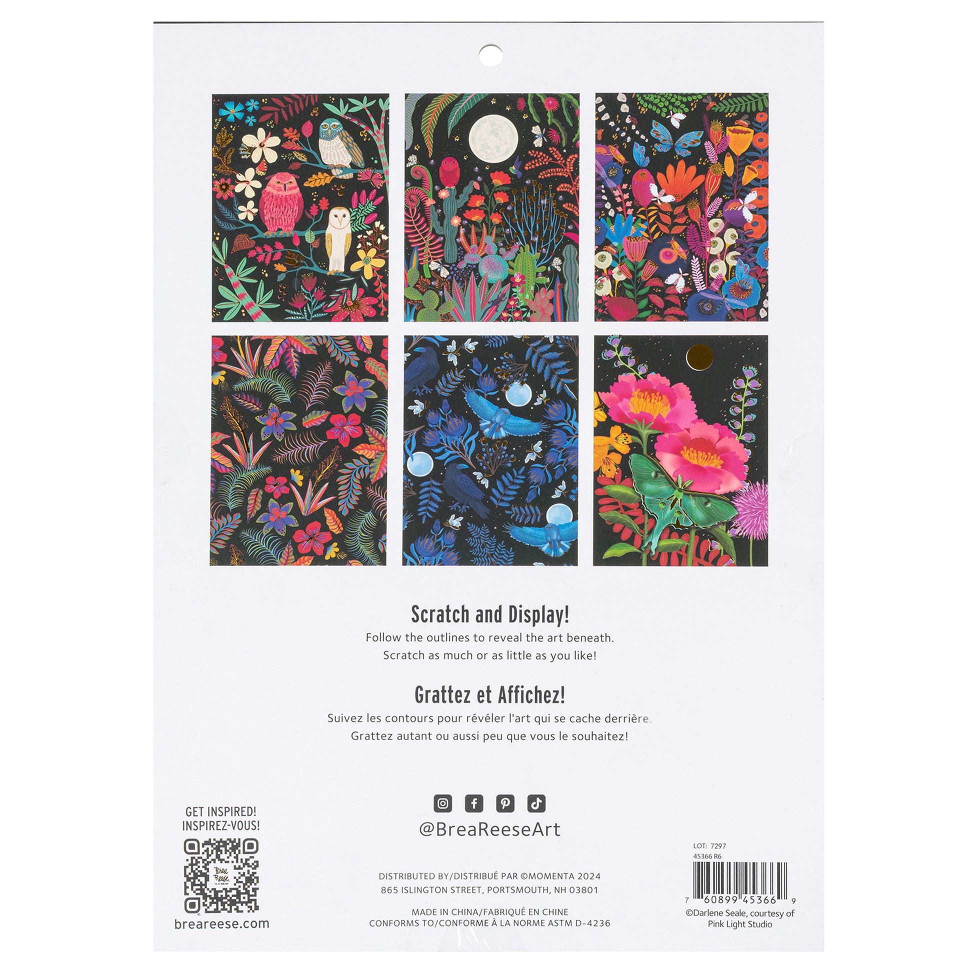 Scratch Art Paper Pad with colorful owl, moon, and floral designs on dark backgrounds