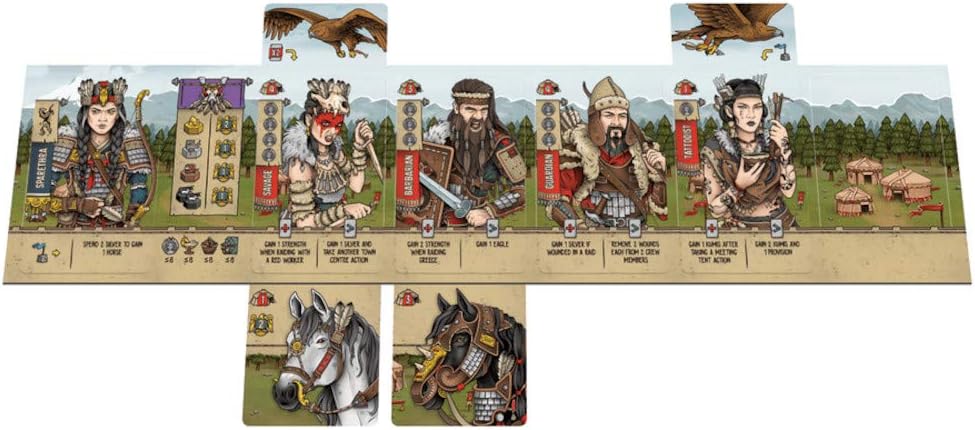 Raiders of Scythia board game with illustrated Scythian warrior characters, horses, eagles, and settlement cards in e...