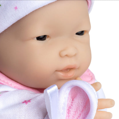 JC Toys La Baby Asian doll with pink outfit, blanket and pacifier