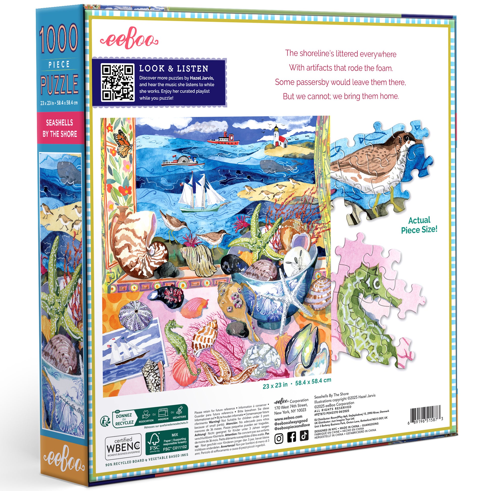 eeBoo Seashells by the Shore 1000 piece jigsaw puzzle with colorful coastal illustration and eco-friendly packaging