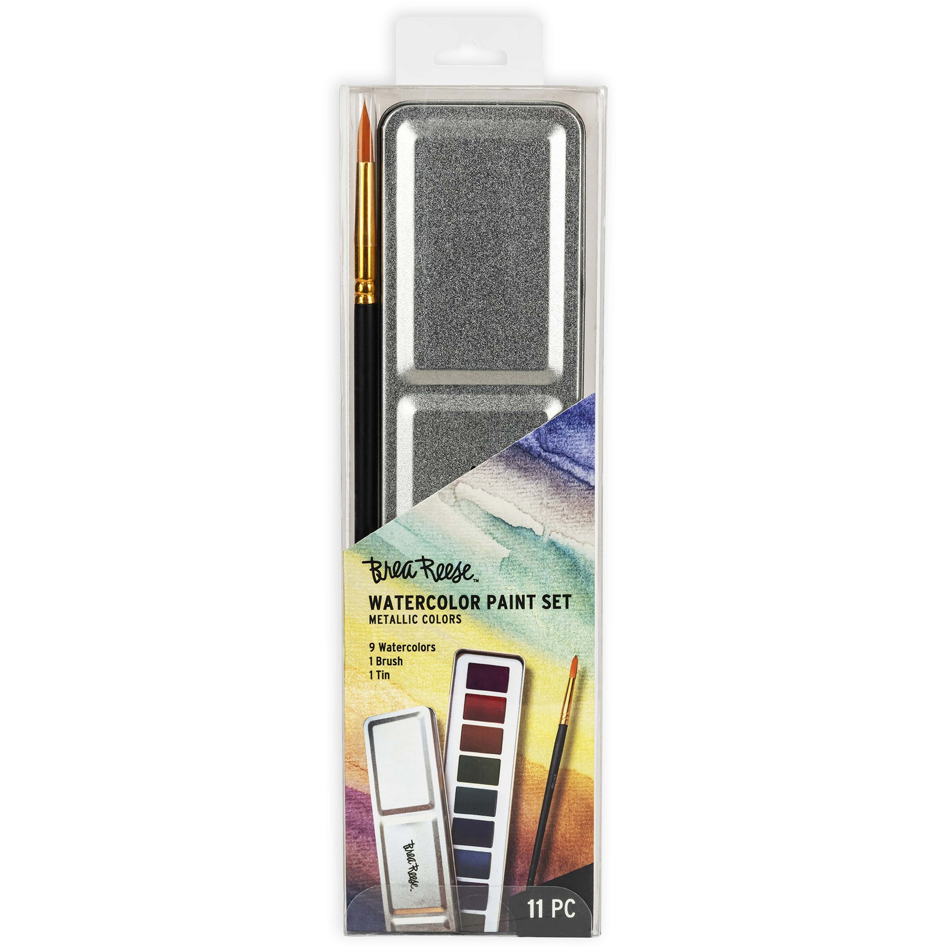 Watercolor Paint Set Metallic by Behr Reese with 9 colors, brush, and tin