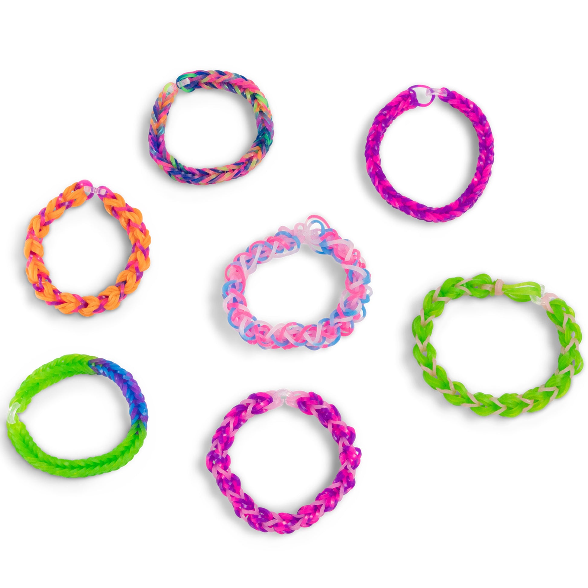Rainbow Loom Confetti Crush colorful rubber band bracelets in bright pink, green, orange, and purple