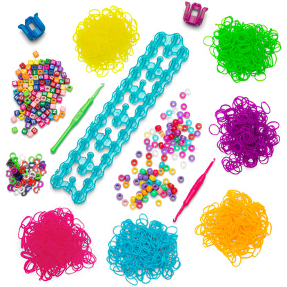 Rainbow Loom Bead Station kit with colorful rubber bands, beads, hooks, and loom tools