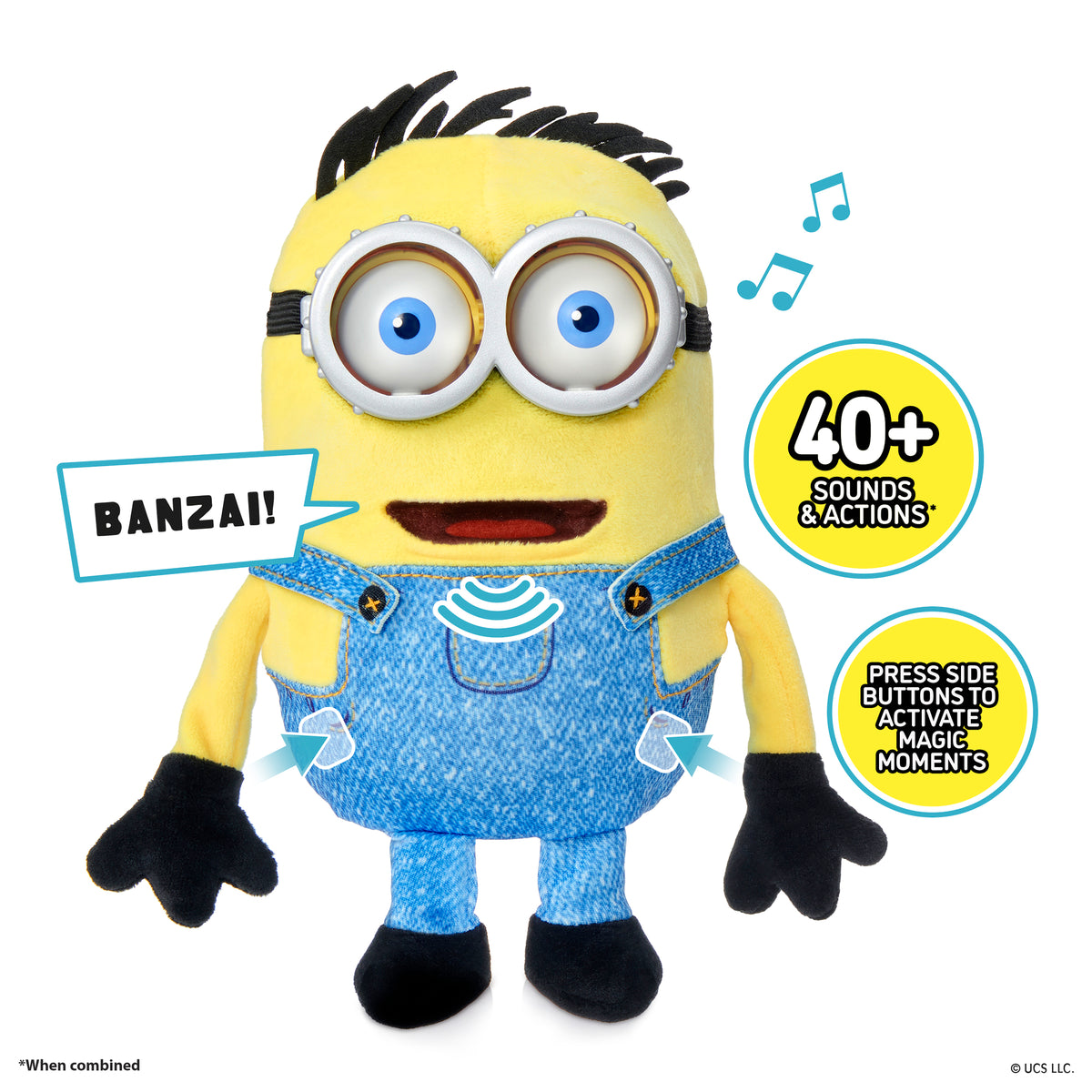 WOW! Stuff Minions Palm Puppetronic Henry toy with yellow body, blue overalls, black spiky hair, and expressive blue ...