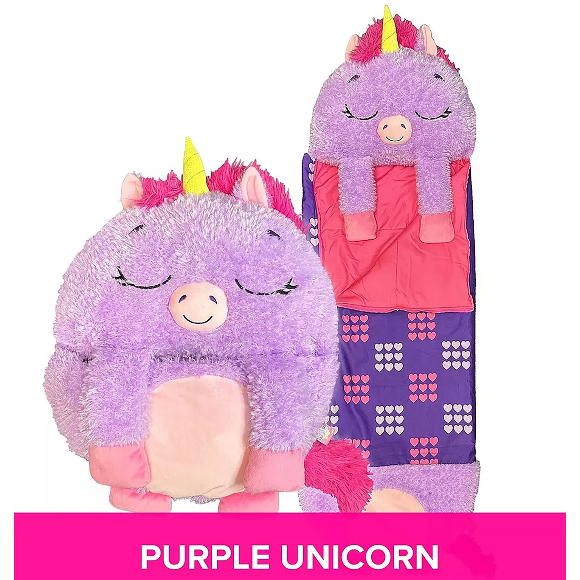 Happy Nappers Purple Unicorn pillow and sleepy sack with yellow horn and pink mane