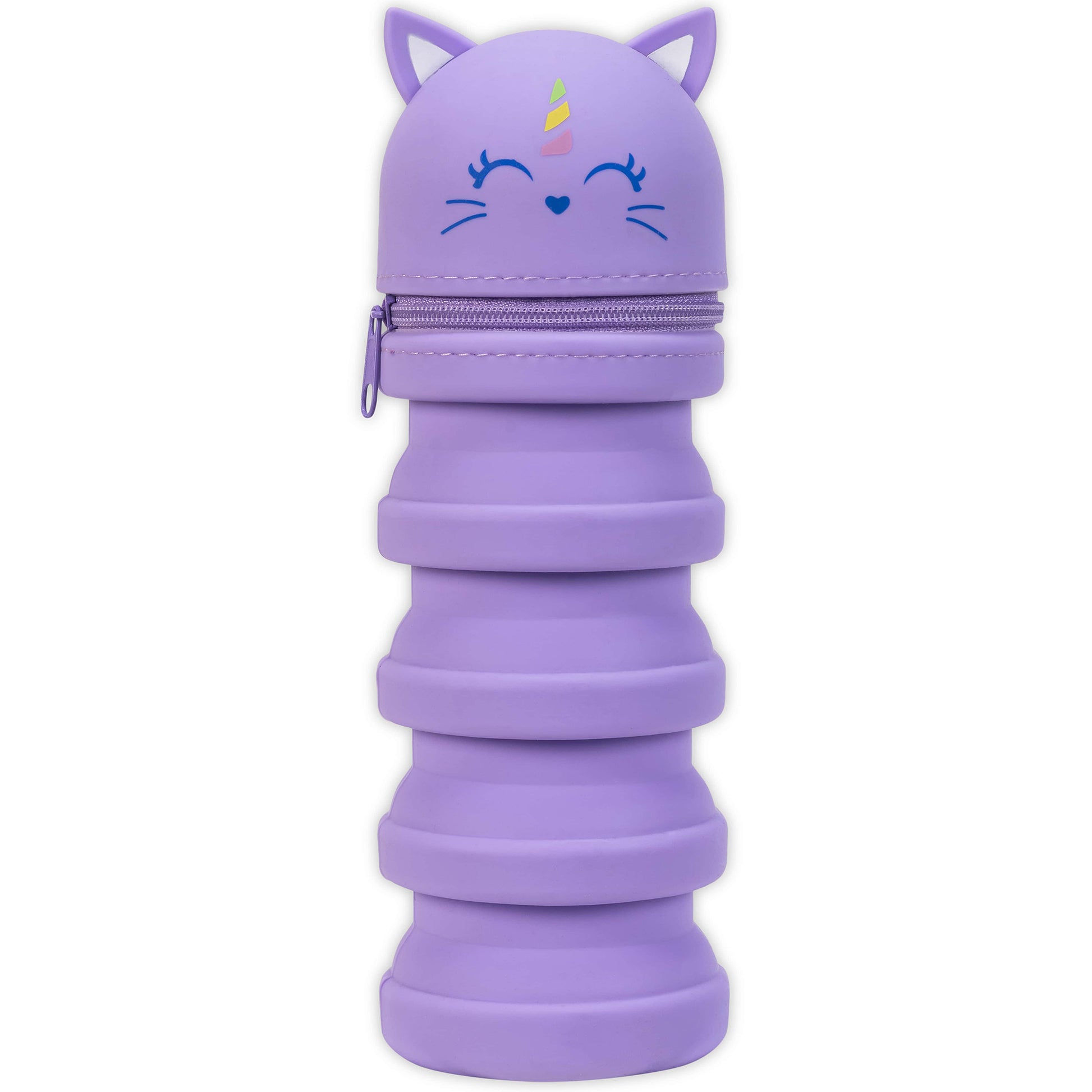 Purple unicorn retractable pencil case with stacked storage compartments